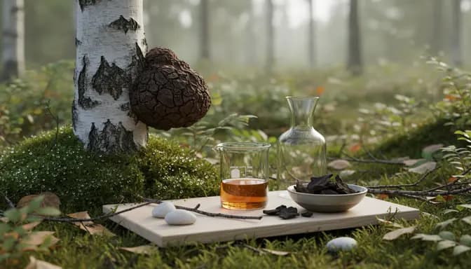 Calm forest scene with chaga mushroom on birch tree and minimalist glassware suggesting gentle чага и детоксикация in a modern wellness style