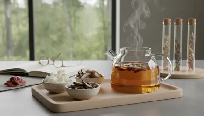 Editorial-style photo of a clean, modern kitchen where mushroom mix за родители 40+ is represented by a glass teapot of mushroom infusion, small bowls of Reishi, Lion’s Mane, Chaga, and Shiitake on a wooden tray, with soft natural light and subtle lab glassware for a calm, trustworthy wellness mood