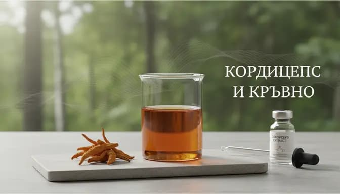 Natural editorial image illustrating кордицепс и кръвно with dried cordyceps mushrooms, glass beaker, and soft forest light