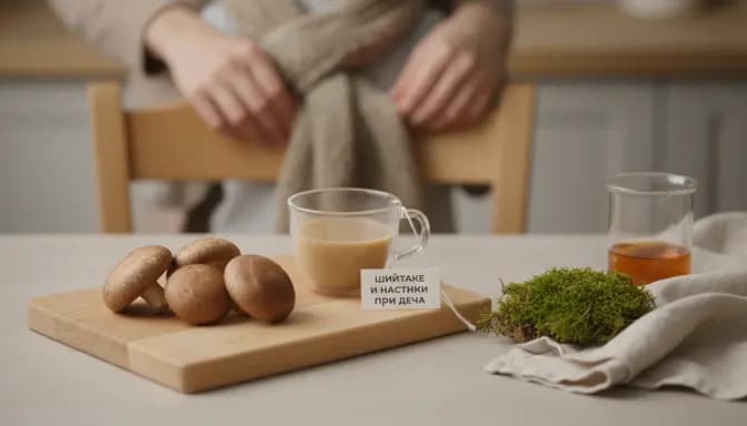 Soft editorial kitchen scene symbolizing шийтаке и настинки при деца, with fresh shiitake mushrooms, a clear cup of warm infusion, and a blurred parent and child in the background