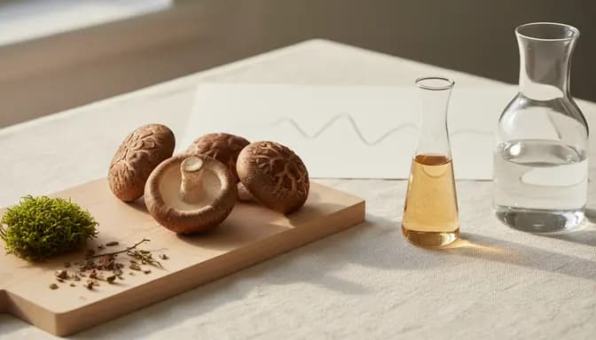 Soft, natural-light editorial image illustrating шийтаке и кръвно налягане, with fresh shiitake mushrooms on a wooden board beside minimalist glassware in a clean wellness setting.