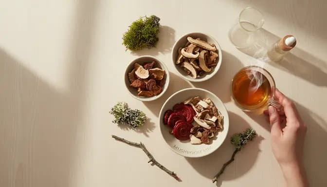 Editorial wellness photograph of a mushroom mix за превенция, with dried medicinal mushrooms, a glass cup of warm infusion, and subtle lab-style glassware on a clean light wooden surface in soft natural light.