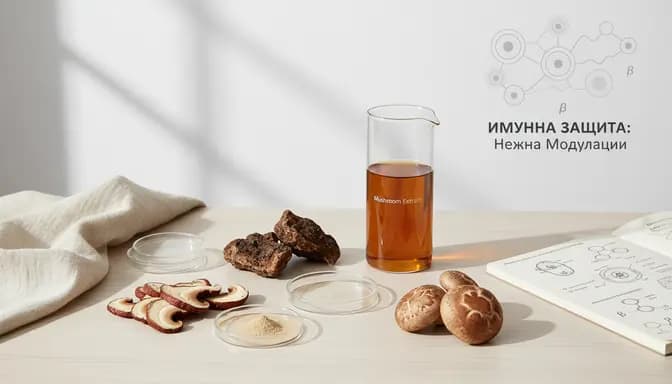 Нежна редакционна фотография с лечебни гъби и стъклена лабораторна посуда, символизираща балансирана имунна защита в научно-вдъхновен, естествен контекст.