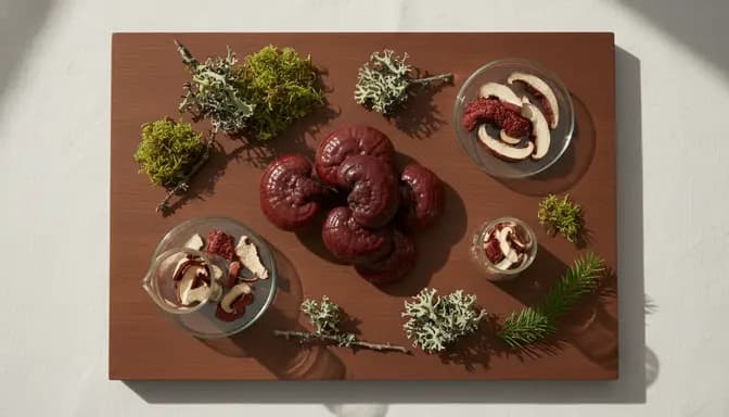 Editorial overhead scene showing рейши InnovaHerb inspired Reishi mushrooms arranged with glass labware and soft forest elements on a clean, light surface