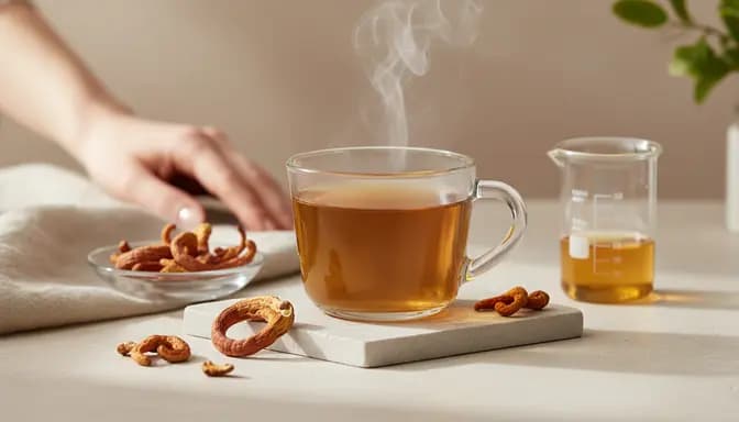 Soft natural-light wellness still life featuring a glass cup of cordyceps infusion, dried cordyceps mushrooms, and subtle lab-inspired glassware, illustrating a gentle daily ritual with кордицепс за жени for modern women.
