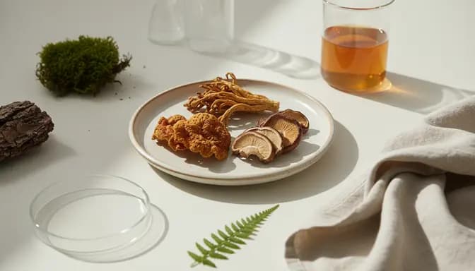 Natural editorial-style wellness still life with кордицепс и шийтаке mushrooms on a ceramic plate, surrounded by soft forest elements and minimal scientific glassware in gentle daylight.