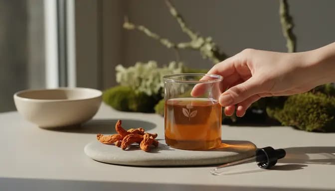 Minimal wellness scene of кордицепс прием with glass beaker of cordyceps infusion, dried mushrooms, and soft forest-inspired background on a clean tabletop