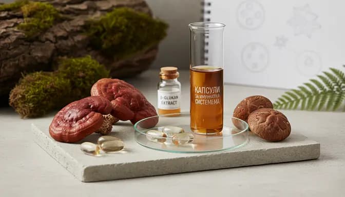 Calm editorial still life showing medicinal mushrooms and капсули за имунната система on a clean stone surface with soft natural light and subtle lab glassware.