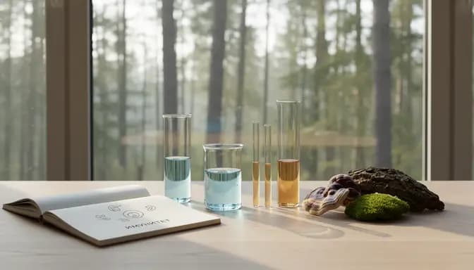 Calm editorial still life illustrating „имунитет лекарства“ with minimal glassware, simple immune diagram and Reishi mushroom on a wooden table in soft natural light.