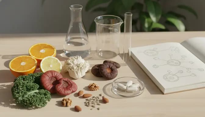 Calm editorial still life with medicinal mushrooms, whole foods, subtle glassware and a few neutral-toned имунна система хапчета arranged on a light wooden surface to illustrate a balanced, science-informed approach to immune support.
