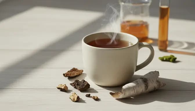 Minimalist wellness scene featuring a warm cup of чага чай with chaga mushroom pieces, birch bark, and soft scientific glassware in natural light