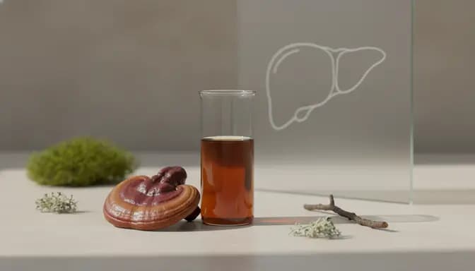 Editorial wellness photograph showing the connection between рейши и черен дроб with a sliced reishi mushroom, amber herbal infusion in clear glassware, and a soft abstract liver shape on frosted glass in natural light.