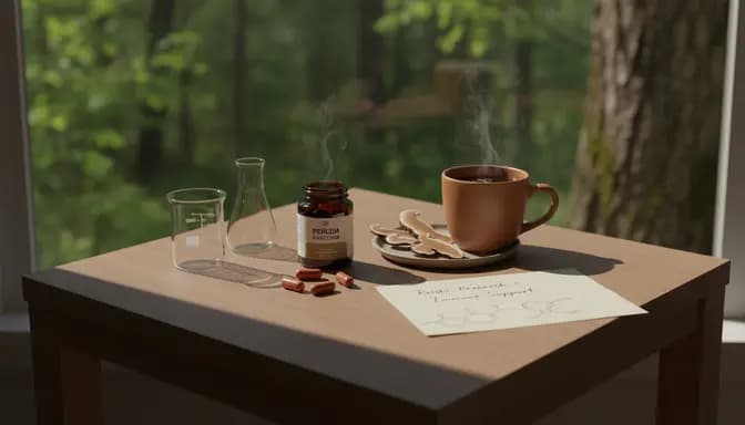 Натурална wellness сцена с рейши капсули върху минималистична дървена маса, сушени гъби рейши и стъклена лабораторна колба на меко дневно осветление