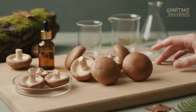 Editorial-style image of шийтаке InnovaHerb shiitake mushrooms on a clean wooden surface with subtle glass labware and soft natural light
