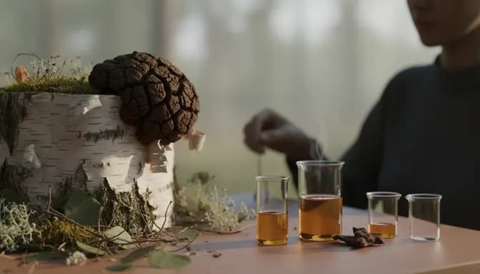 Calm editorial wellness image of chaga mushroom on pale birch bark with soft glass beakers and warm-toned infusion, illustrating чага ползи in a clean, premium forest setting.