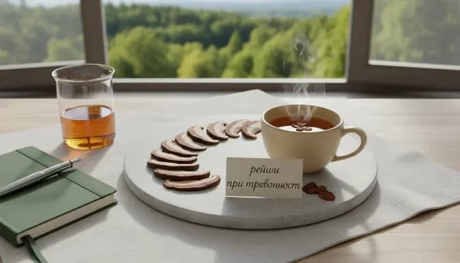 Editorial overhead image of Reishi mushroom slices, a warm herbal infusion, and soft natural textures, illustrating рейши при тревожност in a calm, premium wellness setting