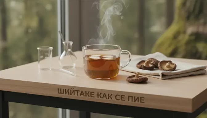 Editorial wellness photograph showing шийтаке как се пие with a clear glass cup of warm shiitake mushroom infusion, dried shiitake caps, and subtle lab glassware on a clean wooden table in soft natural light.