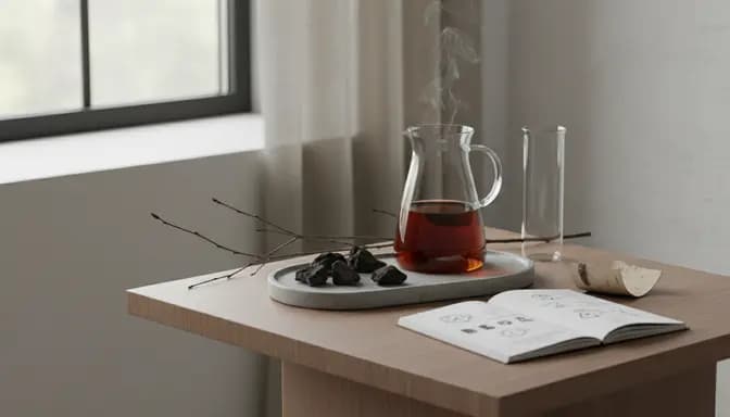 Soft daylight on a minimalist wellness table with chaga tea, birch elements, and glassware illustrating a gentle чага детокс ritual