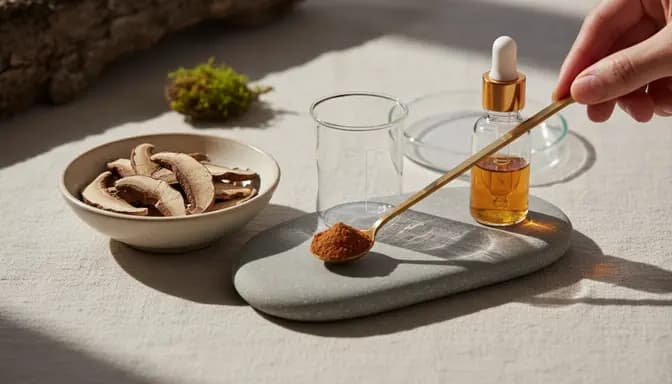 Calm editorial still life of reishi mushroom slices, measured powder, and clear glassware illustrating mindful рейши дозировка in a clean, modern wellness setting.