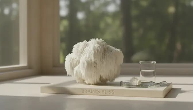 Editorial wellness photograph of лъвска грива гъба (Lion’s Mane mushroom) styled with soft natural light and subtle scientific glassware