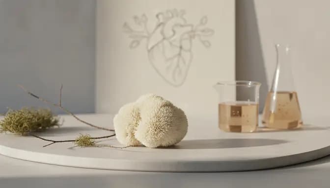 Editorial still life with Lion’s Mane mushroom and soft lab glassware symbolizing лъвска грива сърце кръвообращение in a clean, natural setting
