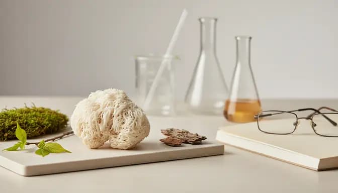 Editorial still life illustrating лъвска грива 50+ когнитивен упадък with a Lion’s Mane mushroom, forest elements and minimal glassware in soft natural light