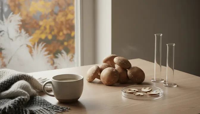 Softly lit editorial photograph featuring шийтаке за есен и зима arranged on a light wooden surface with subtle lab glassware and a gentle autumn-to-winter backdrop