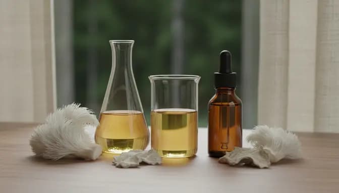 Minimal wellness scene with glassware and lion’s mane mushrooms illustrating лъвска грива екстракт in a calm, natural setting