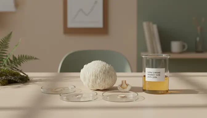 Editorial wellness image with Lion’s Mane mushroom, soft lab glassware, and subtle growth chart symbolizing Lion's Mane market size 2025 2026