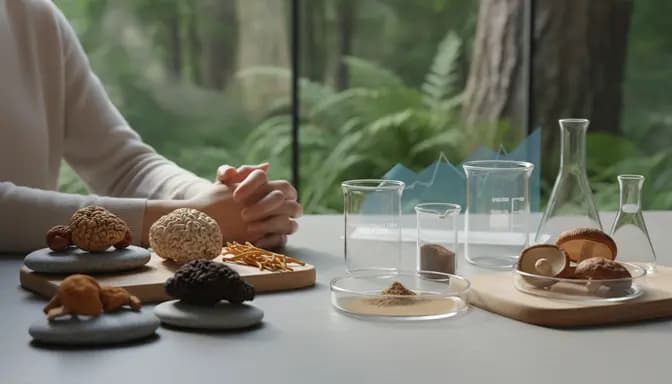 Minimalist wellness still life with functional mushrooms, glassware, and soft natural light illustrating функционални гъби пазар 2026
