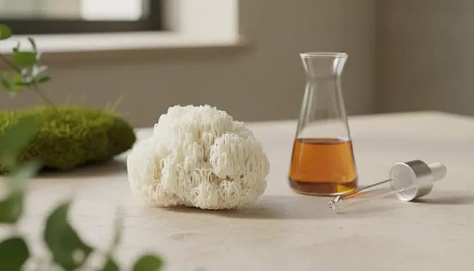Soft editorial photo illustrating лъвска грива биохакинг with a fresh lion’s mane mushroom, clear glass beaker and subtle forest elements on a light, minimalist background.