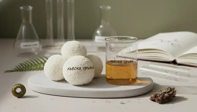 Softly lit editorial wellness still life featuring fresh лъвска грива (lion’s mane) mushrooms on pale stone beside clear glassware and minimal lab-inspired details