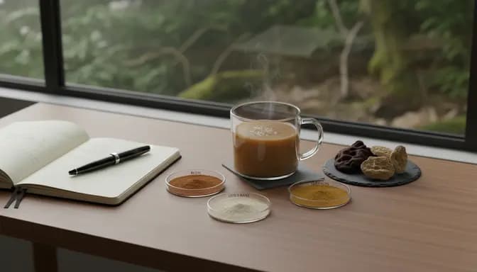 Editorial photo of a clean wooden desk with a glass cup of mushroom mix и продуктивност drink, small clear glassware holding medicinal mushroom powders, and soft daylight with blurred forest greenery in the background, evoking calm focus and modern wellness.