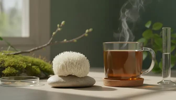 Soft editorial wellness image illustrating лъвска грива черва микробиом with a fresh lion’s mane mushroom, glass mug of infusion, and subtle lab glassware on a clean neutral background