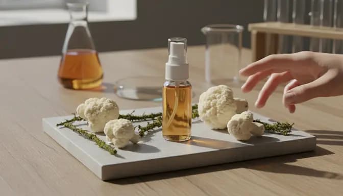 Minimalist wellness scene illustrating лъвска грива спрей предимства с елегантно стъклено шише, гъба лъвска грива и мека естествена светлина върху дървена повърхност