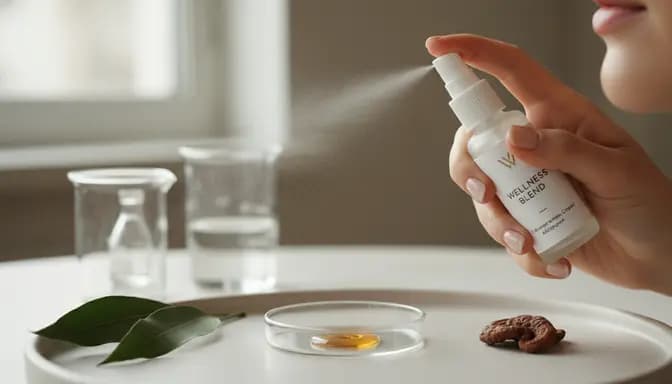 Minimal wellness scene illustrating сублингвален спрей абсорбция with a frosted glass sublingual spray, soft natural light, and subtle scientific glassware on a clean surface.