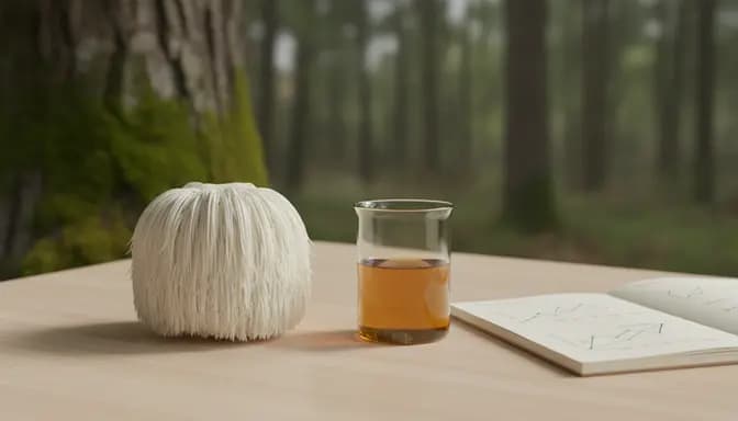 Minimal editorial still life with Lion’s Mane mushroom, glass beaker, and soft forest background illustrating context for лъвска грива цени България
