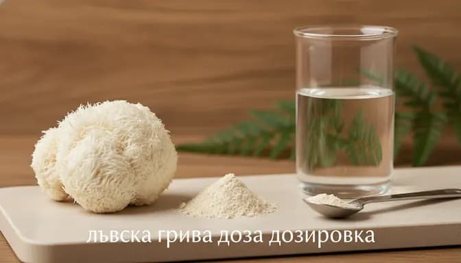 Editorial wellness still life with lion’s mane mushroom, powder, glass beaker, and measuring spoon on a clean stone surface, visually exploring лъвска грива доза дозировка in a calm, natural setting.