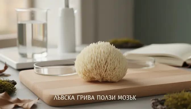 Editorial close-up of Lion’s Mane mushroom on wood, symbolizing лъвска грива ползи мозък with soft light and subtle lab glass in the background