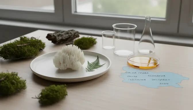 Soft daylight still life of lion’s mane mushrooms with forest textures and minimal lab glassware, illustrating лъвска грива пазар България in a modern Bulgarian wellness context.