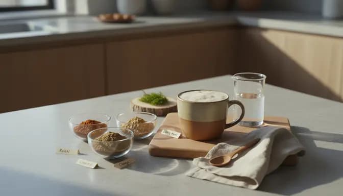 Softly lit wellness kitchen scene showing как се пие mushroom mix as a warm mushroom drink in a ceramic cup, with glass bowls of mushroom powders and subtle lab-style glassware on a natural linen cloth