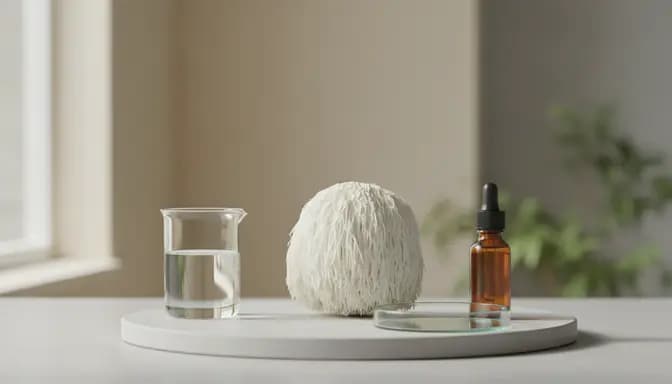 Premium editorial still life of a Lion’s Mane mushroom with minimalist glassware and soft natural light, illustrating лъвска грива безопасност странични ефекти in a clean wellness context