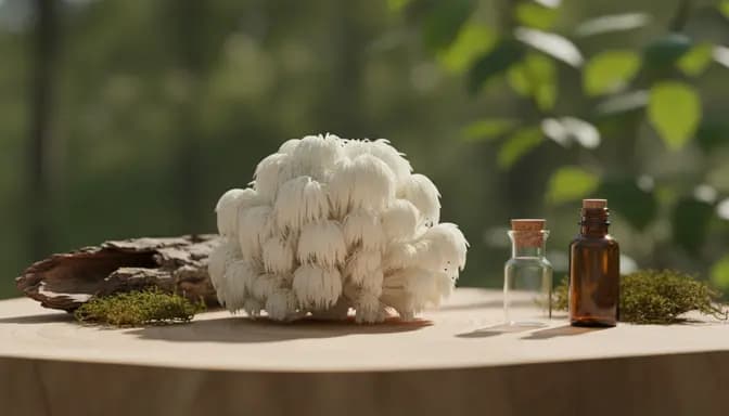 Editorial still life of Hericium erinaceus mushroom on a pale wooden surface with soft natural light, forest-inspired details, and minimalist lab glassware in a modern wellness setting