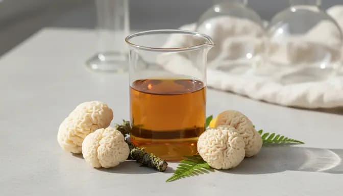 Minimal editorial photograph of Lion’s Mane mushrooms and glassware with warm extract on a clean stone surface, illustrating качество лъвска грива екстракт in a natural, premium wellness context