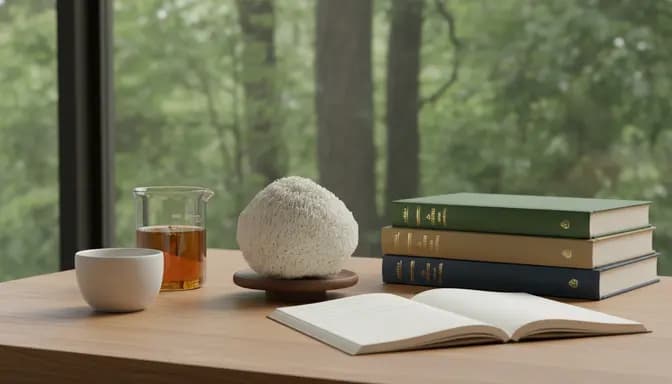 Editorial wellness photograph illustrating лъвска грива студенти фокус with a fresh Lion’s Mane mushroom, glass beaker and open notebook on a minimalist study desk by a bright window.