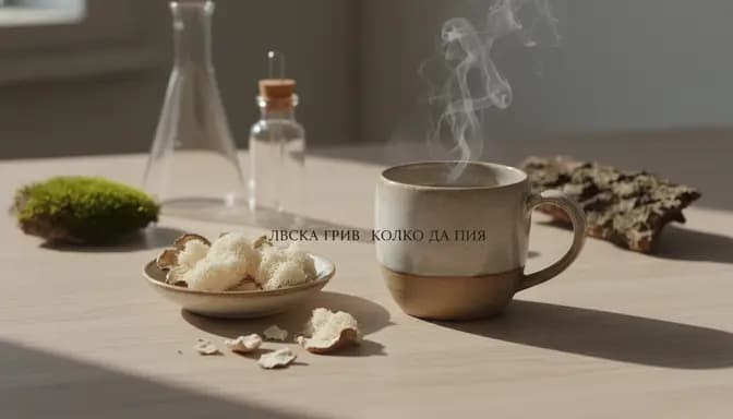Soft natural light on a ceramic cup of lion’s mane mushroom infusion with subtle lab glassware, illustrating лъвска грива колко да пия in a calm wellness setting