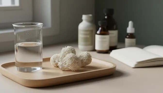 Softly lit wellness still life with Lion’s Mane mushrooms, clear glass beaker, and blurred medicine bottles, illustrating thoughtful лъвска грива лекарства взаимодействия in a calm, premium setting