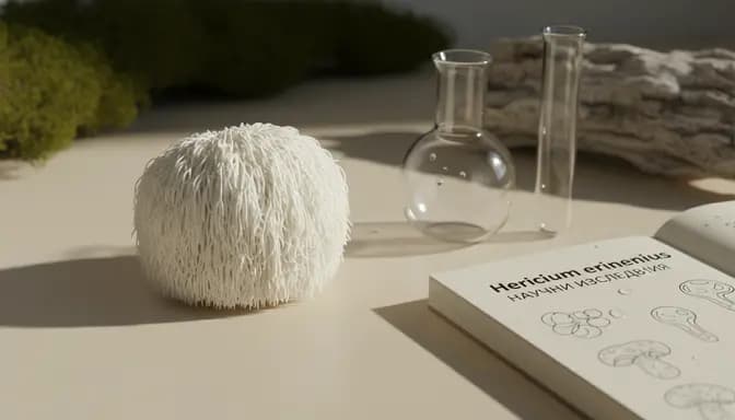 Softly lit Hericium erinaceus mushroom arranged with minimalist glassware, illustrating Hericium erinaceus научни изследвания in a calm, premium wellness style