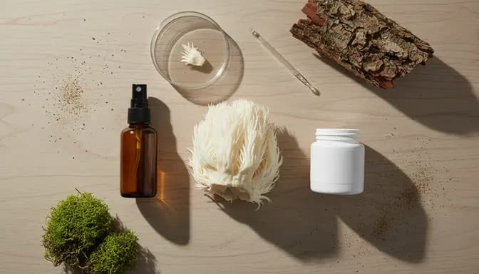 Editorial wellness flat lay comparing лъвска грива спрей vs капсули with Lion’s Mane mushroom, glassware, and natural forest elements on a clean background