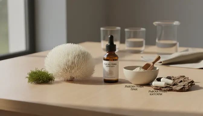 Softly lit wellness still life featuring Lion’s Mane mushroom with лъвска грива тинктура прах капсули on a minimal wooden table